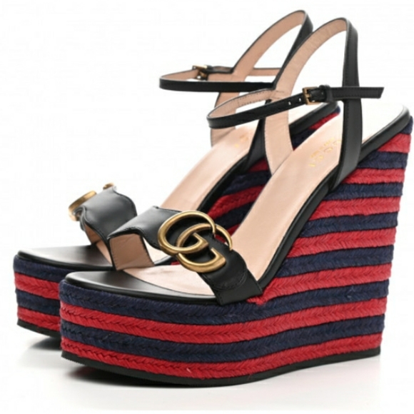 Gucci Black Red/Blue Marmont Double GG  40.5 Espadrille Platform Sandals - Picture 4 of 7